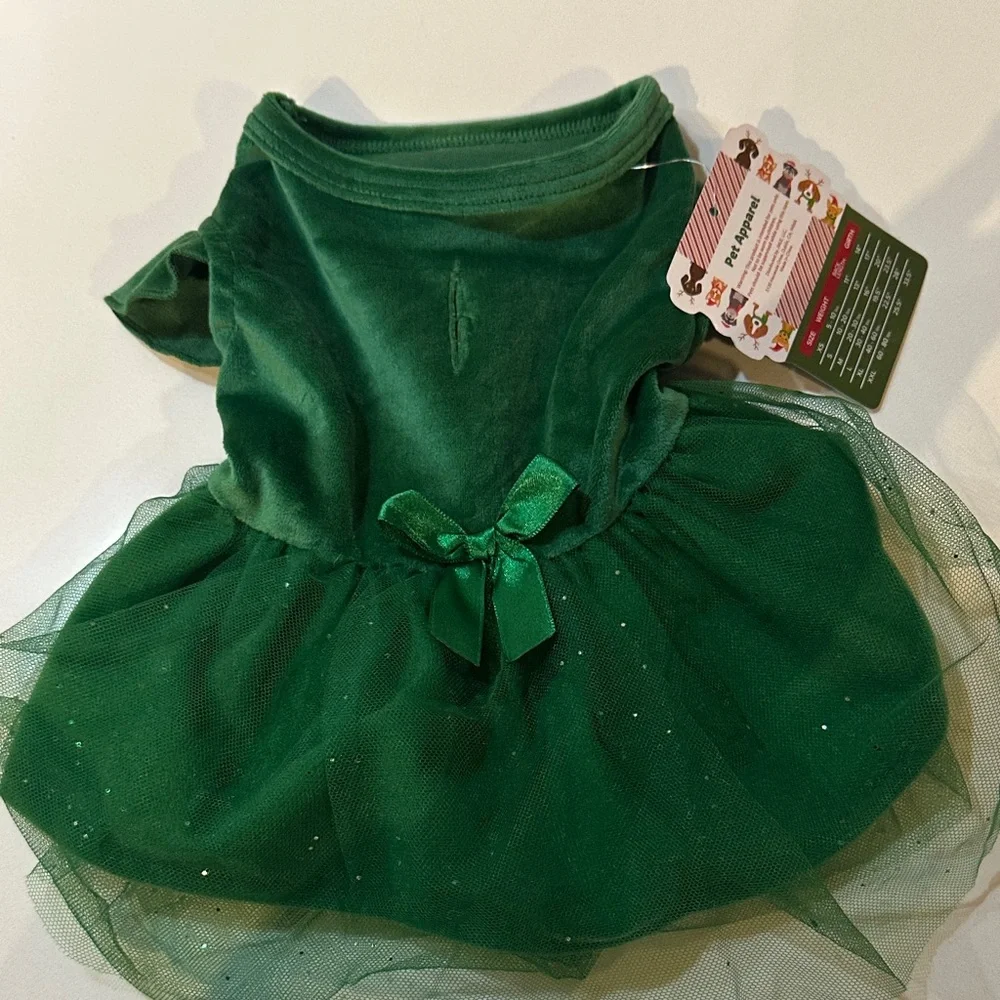 Green Velvet Sparkly Tulle Bow Winter Christmas Holiday Dog Dress
